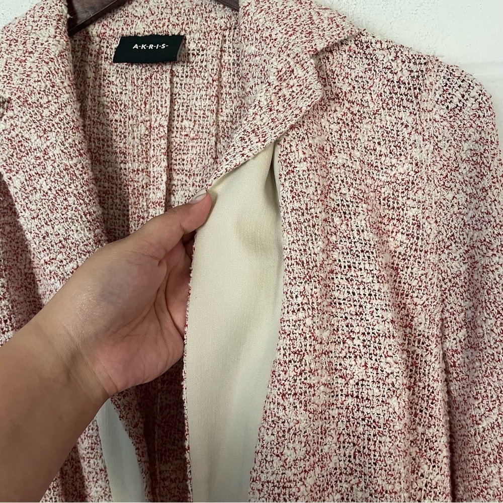 EUC Akris Punto Light Open Front Red White Speckled Textured Weave Blazer Sz 10 - Picture 10 of 13